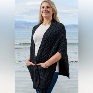 Aran merino wool Shawl Wrap with Pockets fringe on hem at front black One size